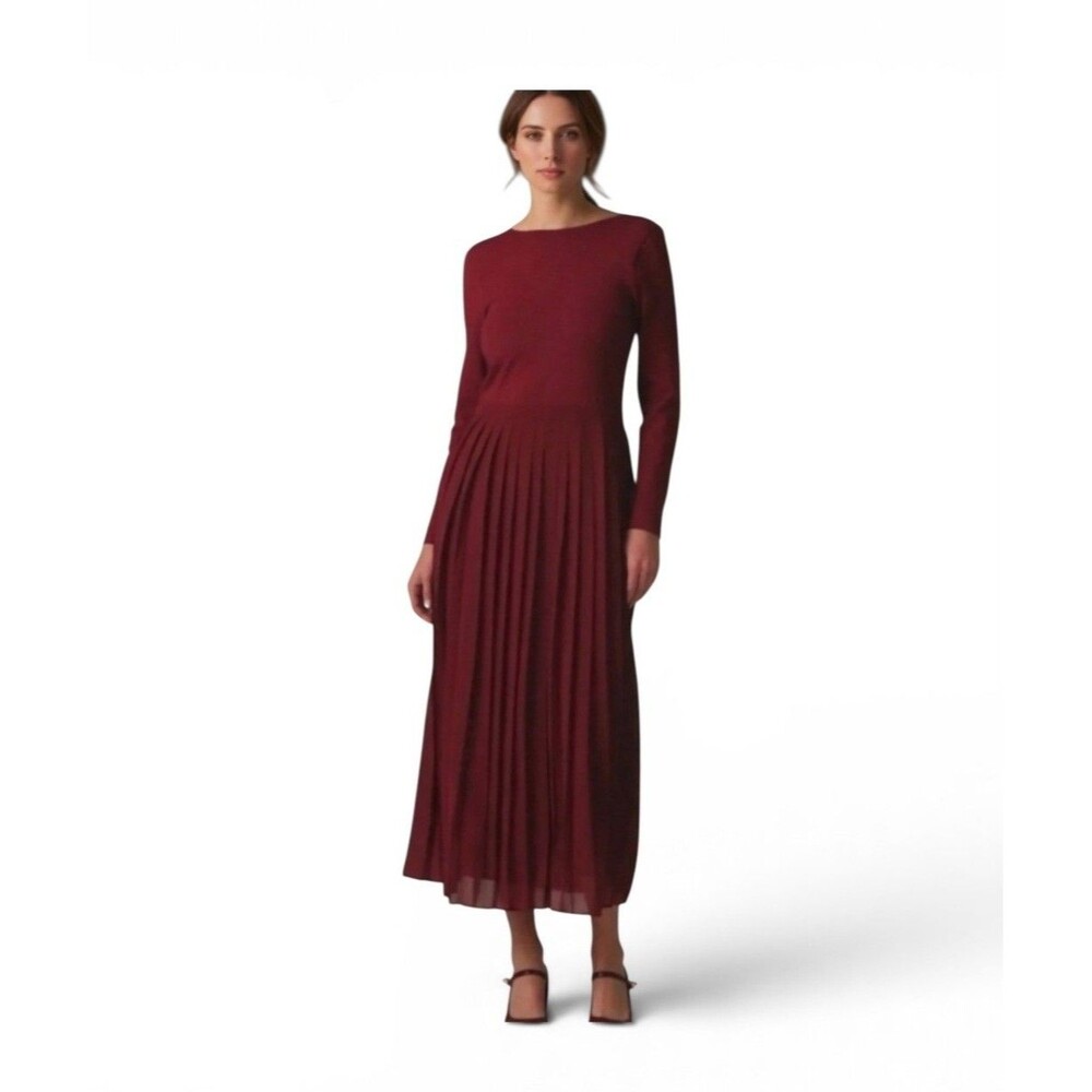 J Crew Ballet Dress Pleated Maxi Long Sleeves Burgundy Size Large Elegant Luxury